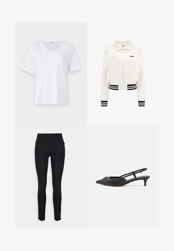 White fleece jacket with a zip front, ribbed black and white striped cuffs, and waistband. Features a black "GUESS" logo on the chest.; White short-sleeve V-neck T-shirt made from soft cotton, featuring a subtle logo detail on the chest. Flat, smooth texture.; Black leggings with a high waist, made of smooth fabric. Features a printed brand logo on the side. Designed for comfort and flexibility.; Black slingback shoes with a pointed toe, made of smooth material, featuring a small heel and a decorative silver accent on the vamp.