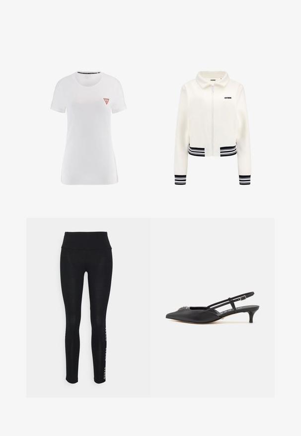 White fleece jacket with a zip front, ribbed black and white striped cuffs, and waistband. Features a black "GUESS" logo on the chest.; White cotton t-shirt with short sleeves and a classic crew neckline, featuring a red triangular logo on the left chest.; Black leggings with a high waist, made of smooth fabric. Features a printed brand logo on the side. Designed for comfort and flexibility.; Black slingback shoes with a pointed toe, made of smooth material, featuring a small heel and a decorative silver accent on the vamp.