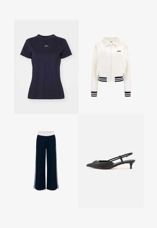 Balta pūkinė striukė su užtrauktuku priekyje, juodai baltomis dryžuotomis rankogaliais ir juosmeniu. Krūtinėje yra juodas „GUESS“ logotipas.; Tamsiai mėlynas medvilninis marškinėliai su apvaliu kaklu, trumpomis rankovėmis ir mažą baltą siuvinėtą logotipą ant krūtinės. Sklandžios tekstūros.; Jūros spalvos plačios kelnės su baltu elastingu juosmeniu ir kontrastingomis šoninėmis juostelėmis. Lygus audinys, laisvas kirpimas ir šoninės skeltukės prie apačios.; Juodi slingback batai su smailiu pirštu, pagaminti iš lygaus medžiagos, turintys mažą kulniuką ir dekoratyvų sidabrinį akcentą ant avikailio.