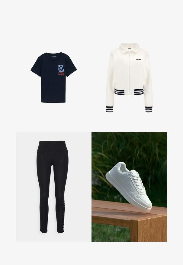 Fehér plüss kabát, elöl cipzárral, bordázott fekete-fehér csíkos mandzsettákkal és derékrészzel. A mellkasán fekete "GUESS" logó található.; Sötétkék pamut póló rövid ujjakkal, piros színű szívgrafikával és a "je t'aime pour toujours" felirattal.; Fekete leggings magas derékkal, sima anyagból készült. Oldalán nyomtatott márkalogóval rendelkezik. Kényelem és rugalmasság érdekében tervezték.; Fehér sportcipő sima szintetikus felsőrésszel, perforált lábujjrész, lapos fűzőkkel és texturált talppal, fából készült felületen kihelyezve.