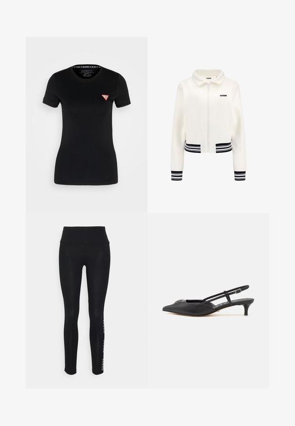 White fleece jacket with a zip front, ribbed black and white striped cuffs, and waistband. Features a black "GUESS" logo on the chest.; Black short-sleeve t-shirt made from cotton, featuring a small red triangular logo on the left chest area and a standard crew neckline.; Black leggings with a high waist, made of smooth fabric. Features a printed brand logo on the side. Designed for comfort and flexibility.; Black slingback shoes with a pointed toe, made of smooth material, featuring a small heel and a decorative silver accent on the vamp.