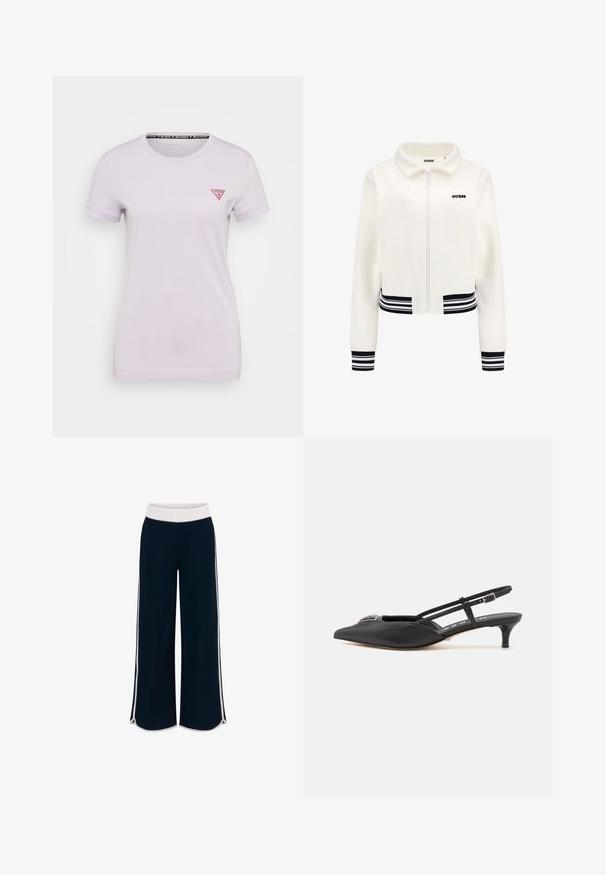 White fleece jacket with a zip front, ribbed black and white striped cuffs, and waistband. Features a black "GUESS" logo on the chest.; Guess MINI TRIANGLE TEE - Basic T-shirt - new light lilac; Navy wide-leg pants with a white elastic waistband and contrasting side stripes. Smooth texture with a relaxed fit and side slits at the hem.; Black slingback shoes with a pointed toe, made of smooth material, featuring a small heel and a decorative silver accent on the vamp.
