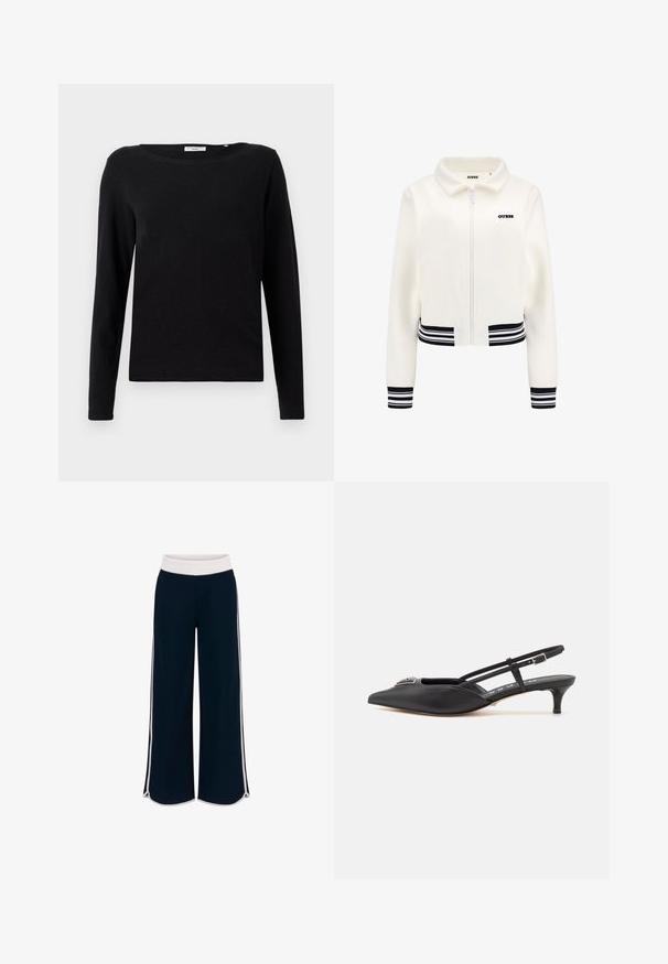 Giacca in pile bianca con zip frontale, polsini e vita a righe nero e bianco. Presenta un logo "GUESS" nero sul petto.; T-shirt a maniche lunghe nera realizzata in cotone. Presenta un collo rotondo e una vestibilità comoda. Tessuto liscio senza motivi o accenti visibili.; Pantaloni a gamba larga blu con una cintura elastica bianca e strisce laterali a contrasto. Tessuto morbido con una vestibilità comoda e spacco laterale all'orlo.; Scarpe slingback nere con punta appuntita, realizzate in materiale liscio, dotate di un tacco basso e di un accento decorativo argentato sul davanti.