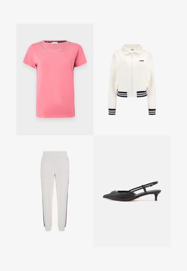Giacca in pile bianca con zip frontale, polsini e vita a righe nero e bianco. Presenta un logo "GUESS" nero sul petto.; T-shirt rosa a maniche corte in morbido cotone con scollo rotondo, caratterizzata da adornamenti in cristallo disposti in un motivo a raggiera.; Pantaloni jogger bianchi in morbido tessuto, con vita a coste e strisce laterali nere con dettagli del logo sul davanti.; Scarpe slingback nere con punta appuntita, realizzate in materiale liscio, dotate di un tacco basso e di un accento decorativo argentato sul davanti.
