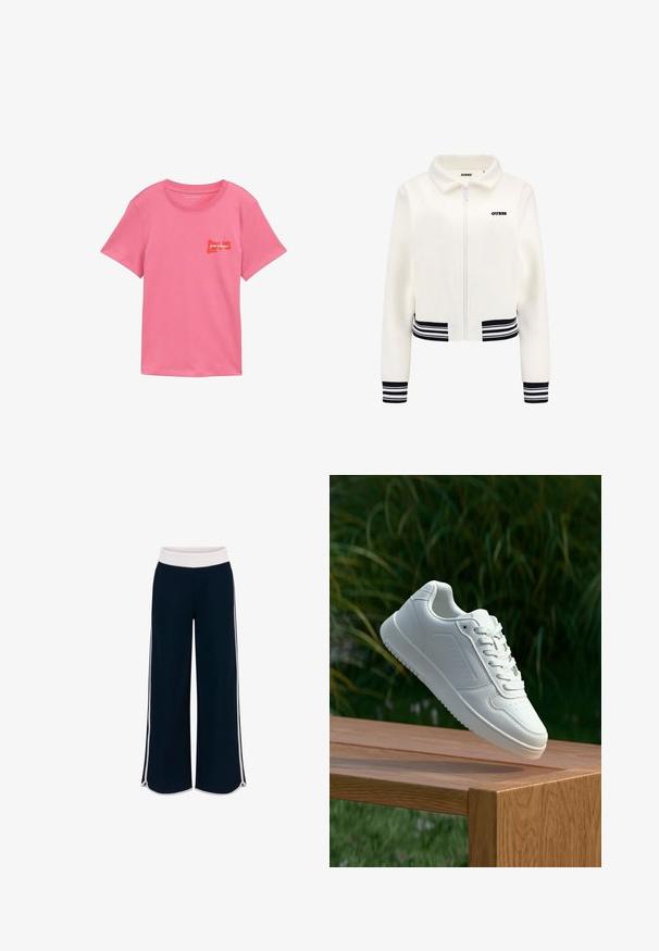 Bijela dukserica od flisa s rajfeslusa, rebrastim crno-bijelim prugastim rukavima i donjim dijelom. Ima crni "GUESS" logo na prsima.; Ružičasta pamučna majica kratkih rukava. Ima crveni grafički dizajn s natpisima "pour toujours" i "love" na prednjoj strani. Klasičan okrugli izrez.; Mornarske hlače širokih nogavica s bijelim elastičnim pojasom i kontrastnim bočnim trakama. Glatka tekstura s opuštenim krojem i bočnim prorezima na rubu.; Bijela tenisica sa glatkim sintetičkim gornjim dijelom, perforiranim prednjim dijelom, ravnim vezicama i teksturiranom potplatom, prikazana na drvenoj površini.