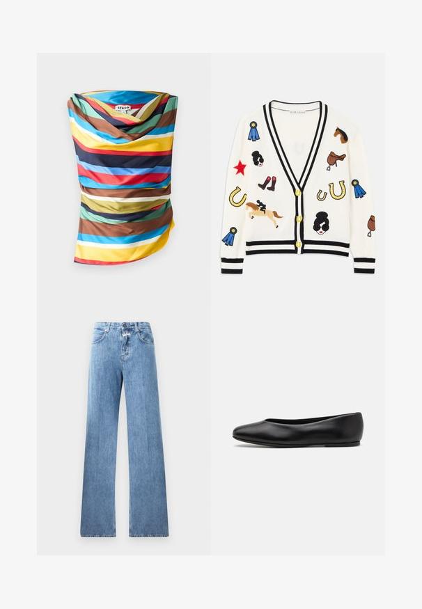 Weißer Cardigan mit schwarzem Besatz, der bunte bestickte Motive von Pferden, Auszeichnungen und Figuren zeigt. Das Design umfasst Stiefel, Sterne und Hufeisen.; Mehrfarbener Schal mit kräftigen horizontalen Streifen in Blau, Rot, Gelb, Braun und Grün. Glatter Stoff mit drapiertem Design.; Kurzarm-T-Shirt aus Baumwolle mit Rundhalsausschnitt, das auf einem weißen Hintergrund schwarze vertikale Streifen und einen geraden Schnitt aufweist.; Hellblaue Jeans aus Denim mit weitem Bein, fünf Taschen, Gürtelschlaufen und einem Knopfverschluss. Der Stoff hat eine glatte Textur.; Paul Smith TOPANGA - Klassischer Ballerina - black