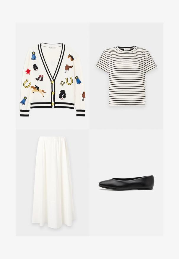 Cardigan blanc avec bordures noires, ornée de designs brodés colorés de chevaux, de récompenses et de figures. Le design inclut des bottes, des étoiles et des fers à cheval.; T-shirt en coton à manches courtes avec un col rond, présentant des rayures verticales noires sur un fond blanc et un design à coupe droite.; Jupe blanche, longueur cheville, fabriquée en tissu léger avec une taille élastiquée froncée et un ourlet évasé, présentant une texture lisse.; Paul Smith TOPANGA - Ballerines - black