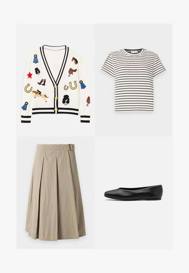 Valkoinen neuletakki mustilla yksityiskohdilla, jossa on värikkäitä brodeerattuja kuvioita hevosista, palkinnoista ja hahmoista. Suunnittelussa on saappaita, tähtiä ja hevosenkenkiä.; Lyhythihainen puuvillapaita, jossa on pyöreä pääntie, mustia pystysuoria raitoja valkoisella taustalla ja suora leikkaus.; Vaaleanbeige taitettu hame, jossa on sileä pinta, vyölenkit ja A-linjainen muotoilu, suunniteltu polvipituiseksi.; Paul Smith TOPANGA - Ballerinat - black