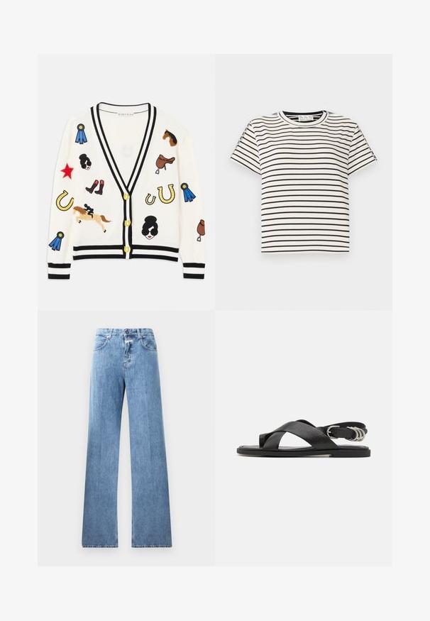 Weißer Cardigan mit schwarzem Besatz, der bunte bestickte Motive von Pferden, Auszeichnungen und Figuren zeigt. Das Design umfasst Stiefel, Sterne und Hufeisen.; Kurzarm-T-Shirt aus Baumwolle mit Rundhalsausschnitt, das auf einem weißen Hintergrund schwarze vertikale Streifen und einen geraden Schnitt aufweist.; Hellblaue Jeans aus Denim mit weitem Bein, fünf Taschen, Gürtelschlaufen und einem Knopfverschluss. Der Stoff hat eine glatte Textur.; rag & bone GIA TOE LOOP - Riemensandalette - black