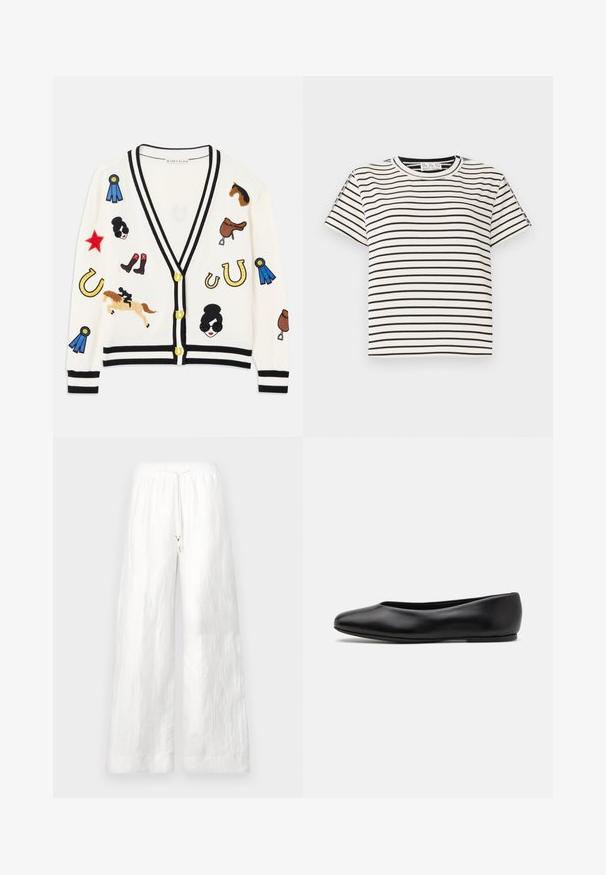 Bílý cardigan s černým lemem, s barevnými vyšitými vzory koní, cen a postav. Design obsahuje boty, hvězdy a podkovy.; Bavlněné tričko s krátkým rukávem a kulatým výstřihem, s černými vertikálními pruhy na bílém pozadí a s rovného střihu.; Bílé lněné kalhoty s širokým střihem, elastickým pásem a tkaničkou. Mají hladkou texturu a volný střih. Není vidět žádné kapsy.; Paul Smith TOPANGA - Klasické baleríny - black