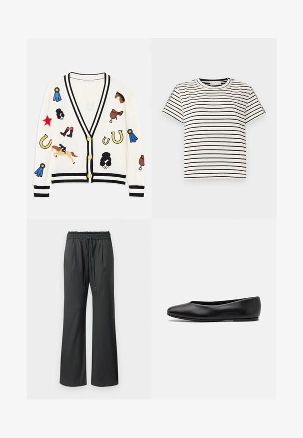 White cardigan with black trim, featuring colorful embroidered designs of horses, awards, and figures. Design includes boots, stars, and horseshoes.; Cotton short-sleeve T-shirt with a crew neckline, featuring black vertical stripes on a white background and a straight cut design.; Black wide-leg pants with elastic waistband and long drawstrings, displayed on a plain white background.; Paul Smith TOPANGA - Ballet pumps - black