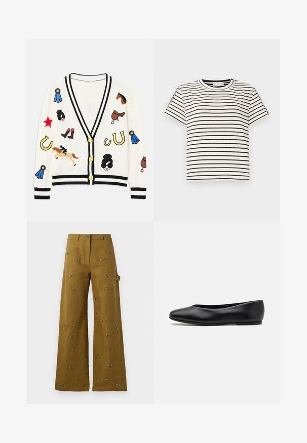 White cardigan with black trim, featuring colorful embroidered designs of horses, awards, and figures. Design includes boots, stars, and horseshoes.; Cotton short-sleeve T-shirt with a crew neckline, featuring black vertical stripes on a white background and a straight cut design.; Wide-leg pants in olive green fabric with floral embroidery. Features a button closure and side pocket. Textured stitching detail throughout.; Paul Smith TOPANGA - Ballet pumps - black