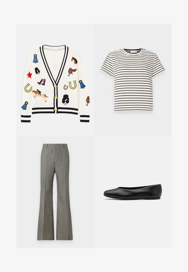 Cardigan blanc avec bordures noires, ornée de designs brodés colorés de chevaux, de récompenses et de figures. Le design inclut des bottes, des étoiles et des fers à cheval.; T-shirt en coton à manches courtes avec un col rond, présentant des rayures verticales noires sur un fond blanc et un design à coupe droite.; Pantalons gris évasés en tissu texturé, avec une coupe ajustée, un motif à carreaux subtil et des plis avant pour une apparence raffinée.; Paul Smith TOPANGA - Ballerines - black