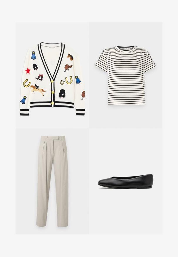 Valkoinen neuletakki mustilla yksityiskohdilla, jossa on värikkäitä brodeerattuja kuvioita hevosista, palkinnoista ja hahmoista. Suunnittelussa on saappaita, tähtiä ja hevosenkenkiä.; Lyhythihainen puuvillapaita, jossa on pyöreä pääntie, mustia pystysuoria raitoja valkoisella taustalla ja suora leikkaus.; Pleated trousers made from a light beige linen fabric, featuring a straight-leg design and a smooth texture. No visible pockets or fasteners.; Paul Smith TOPANGA - Ballerinat - black