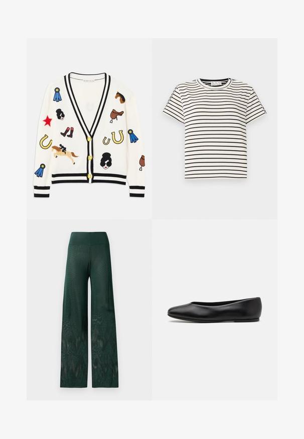 White cardigan with black trim, featuring colorful embroidered designs of horses, awards, and figures. Design includes boots, stars, and horseshoes.; Cotton short-sleeve T-shirt with a crew neckline, featuring black vertical stripes on a white background and a straight cut design.; Green wide-leg pants in lightweight mesh with a zigzag pattern at the hem. Features a smooth waistband for comfort.; Paul Smith TOPANGA - Ballet pumps - black