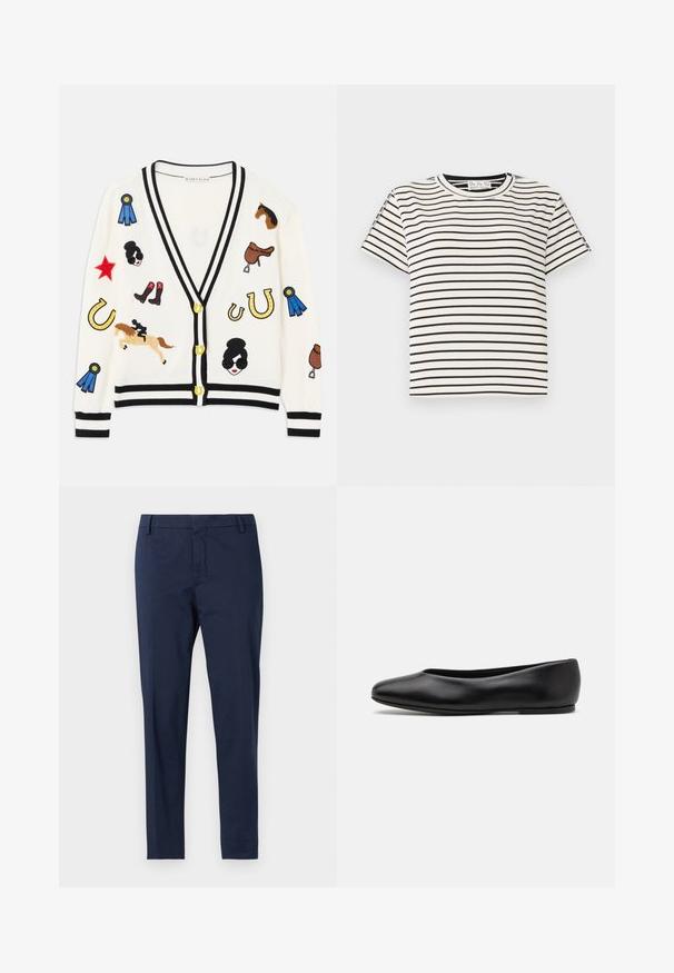 Biały kardigan z czarnym wykończeniem, zdobiony kolorowymi wyszywanymi wzorami przedstawiającymi konie, nagrody i postacie. Wzór zawiera również buty, gwiazdy i podkowy.; Bawełniana koszulka T-shirt z krótkim rękawem i okrągłym dekoltem, z czarnymi pionowymi paskami na białym tle oraz prostym krojem.; Granatowe spodnie eleganckie o prostym kroju. Posiadają płaski przód bez widocznych kieszeni oraz gładką fakturę.; Paul Smith TOPANGA czarny