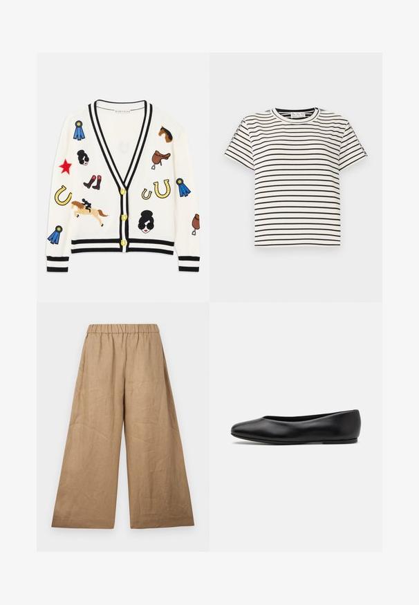 Weißer Cardigan mit schwarzem Besatz, der bunte bestickte Motive von Pferden, Auszeichnungen und Figuren zeigt. Das Design umfasst Stiefel, Sterne und Hufeisen.; Kurzarm-T-Shirt aus Baumwolle mit Rundhalsausschnitt, das auf einem weißen Hintergrund schwarze vertikale Streifen und einen geraden Schnitt aufweist.; Leinen-Hose mit weitem Bein in einem hellbraunen Farbton, ausgestattet mit einem gerafften elastischen Bund und einer glatten, strukturierten Oberfläche.; Paul Smith TOPANGA - Klassischer Ballerina - black