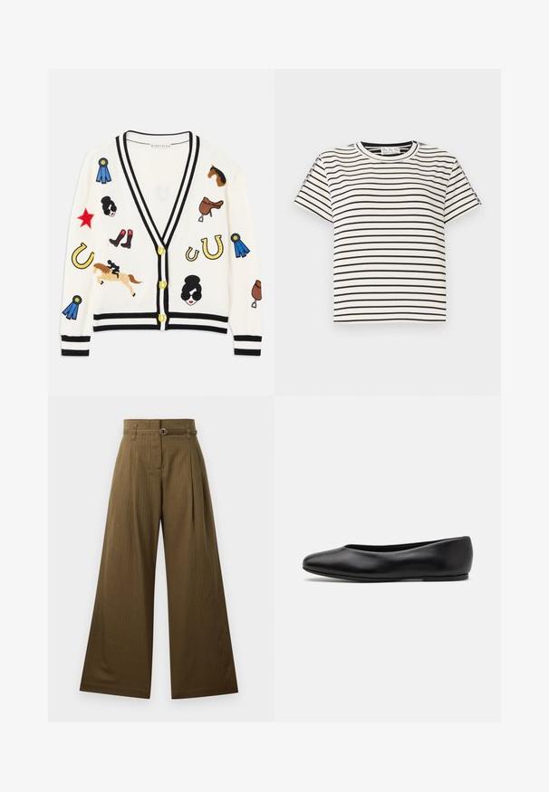 Bílý cardigan s černým lemem, s barevnými vyšitými vzory koní, cen a postav. Design obsahuje boty, hvězdy a podkovy.; Bavlněné tričko s krátkým rukávem a kulatým výstřihem, s černými vertikálními pruhy na bílém pozadí a s rovného střihu.; Kalhoty s širokými nohavicemi ve sladěné olivově zelené látce, s vysokým pasem, předními záhyby a detailovým stříbrným kulatým sponou na opasku. Hladká textura.; Paul Smith TOPANGA - Klasické baleríny - black