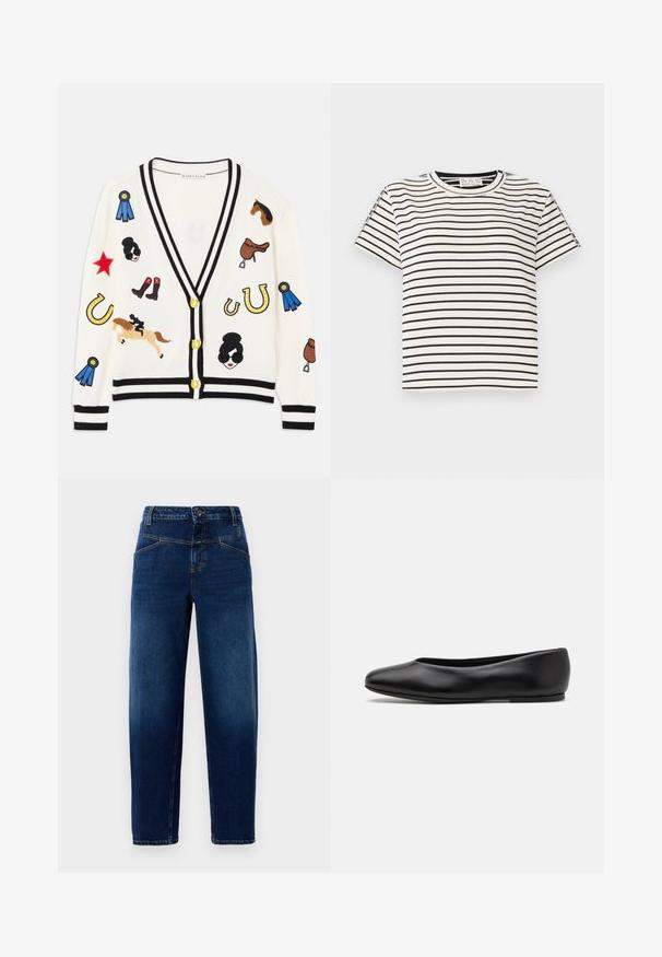 Valkoinen neuletakki mustilla yksityiskohdilla, jossa on värikkäitä brodeerattuja kuvioita hevosista, palkinnoista ja hahmoista. Suunnittelussa on saappaita, tähtiä ja hevosenkenkiä.; Lyhythihainen puuvillapaita, jossa on pyöreä pääntie, mustia pystysuoria raitoja valkoisella taustalla ja suora leikkaus.; Tummansiniset farkut suoranlahkeisella muotoilulla, viisi taskua, yläpainikekiinnitys ja oranssit tikkauskorostukset.; Paul Smith TOPANGA - Ballerinat - black