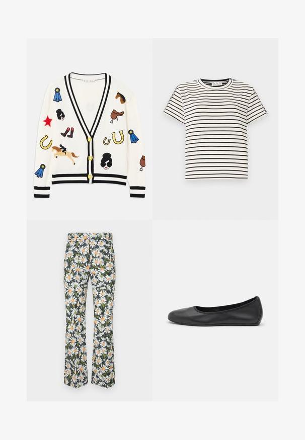 White cardigan with black trim, featuring colorful embroidered designs of horses, awards, and figures. Design includes boots, stars, and horseshoes.; Cotton short-sleeve T-shirt with a crew neckline, featuring black vertical stripes on a white background and a straight cut design.; Flared trousers in a floral pattern featuring white daisies with orange centers on a dark background. Made from lightweight fabric.; Black leather ballet flat with a rounded toe, smooth texture, minimal stitching detail, and a flexible sole design.