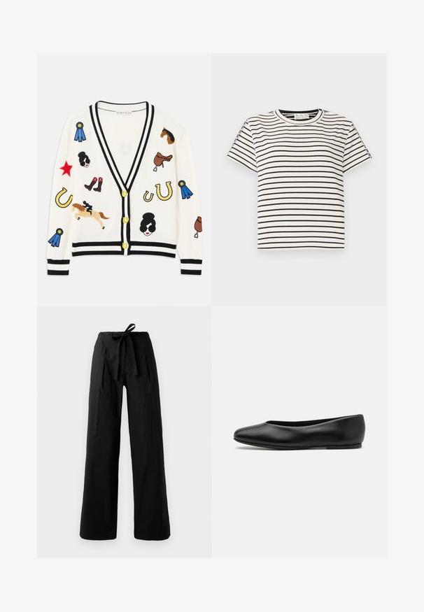 Bílý cardigan s černým lemem, s barevnými vyšitými vzory koní, cen a postav. Design obsahuje boty, hvězdy a podkovy.; Bavlněné tričko s krátkým rukávem a kulatým výstřihem, s černými vertikálními pruhy na bílém pozadí a s rovného střihu.; Černé kalhoty s širokými nohavicemi a vysokým elastickým pasem, se zavázaným páskem a hladkým povrchem. Přesný střih s ostrými plisovanými detaily.; Paul Smith TOPANGA - Klasické baleríny - black