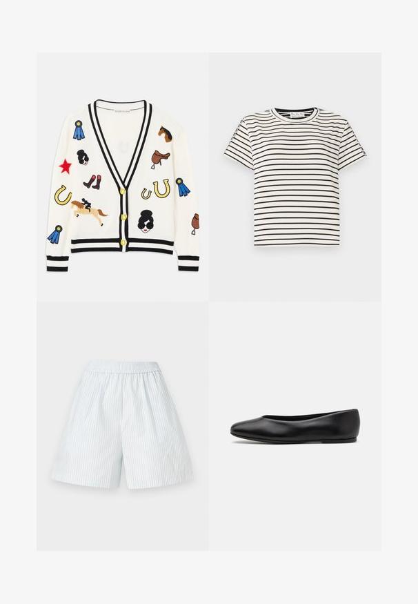Cardigan blanc avec bordures noires, ornée de designs brodés colorés de chevaux, de récompenses et de figures. Le design inclut des bottes, des étoiles et des fers à cheval.; T-shirt en coton à manches courtes avec un col rond, présentant des rayures verticales noires sur un fond blanc et un design à coupe droite.; Shorts rayés bleu clair avec une taille élastique. Fabriqués à partir d'un tissu lisse, comportant des rayures verticales blanches et un design à coupe ample.; Paul Smith TOPANGA - Ballerines - black