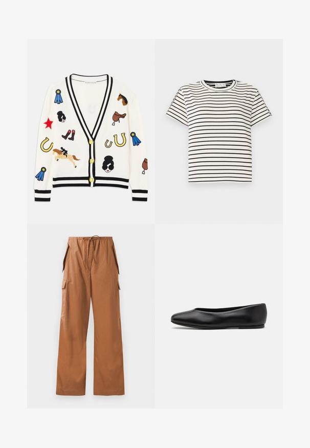 White cardigan with black trim, featuring colorful embroidered designs of horses, awards, and figures. Design includes boots, stars, and horseshoes.; Cotton short-sleeve T-shirt with a crew neckline, featuring black vertical stripes on a white background and a straight cut design.; Brown wide-leg cargo pants made of lightweight fabric, featuring an elastic waistband with a drawstring and side pockets.; Paul Smith TOPANGA - Ballet pumps - black