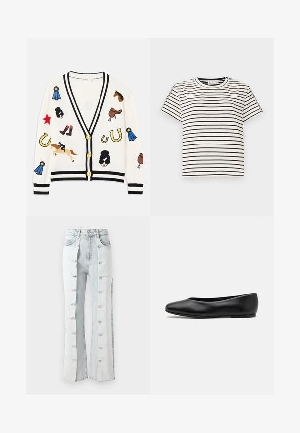 Cardigan bianco con rifiniture nere, caratterizzato da design ricamati colorati di cavalli, premi e figure. Il design include stivali, stelle e ferro di cavallo.; T-shirt in cotone a maniche corte con scollo rotondo, caratterizzato da strisce verticali nere su sfondo bianco e un design a taglio dritto.; Jeans in denim azzurro chiaro con dettagli in bottone argentato, caratterizzati da un design a gamba larga e pannelli laterali. Il tessuto presenta una finitura testurizzata.; Paul Smith TOPANGA - Ballerine - black