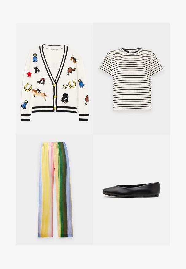 Witte cardigan met zwarte rand, voorzien van kleurrijke geborduurde ontwerpen van paarden, prijzen en figuren. Het ontwerp bevat laarzen, sterren en hoefijzers.; Katoenen T-shirt met korte mouwen en een ronde hals, met zwarte verticale strepen op een witte achtergrond en een rechte snit.; Brede broekspijpen met een elastische tailleband, voorzien van verticale strepen in pastelkleuren: geel, roze, groen, blauw en lichtpaars. Zachte textuur.; Paul Smith TOPANGA - Ballerina's - black