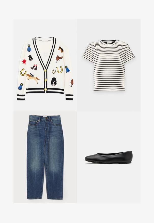 White cardigan with black trim, featuring colorful embroidered designs of horses, awards, and figures. Design includes boots, stars, and horseshoes.; Cotton short-sleeve T-shirt with a crew neckline, featuring black vertical stripes on a white background and a straight cut design.; Blue high-waist straight-leg jeans with front and back pockets, belt loops, button closure, and subtle faded detailing on legs.; Paul Smith TOPANGA - Ballet pumps - black