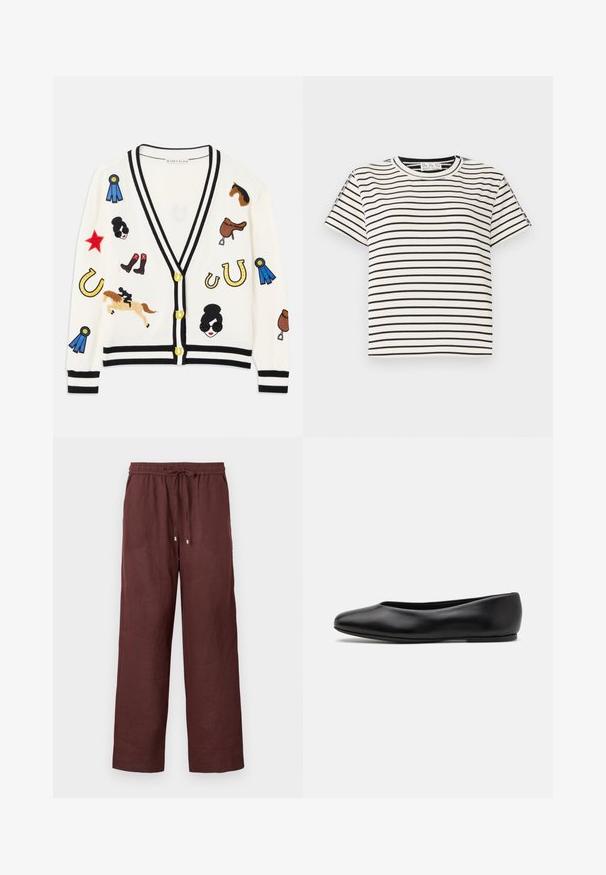 Weißer Cardigan mit schwarzem Besatz, der bunte bestickte Motive von Pferden, Auszeichnungen und Figuren zeigt. Das Design umfasst Stiefel, Sterne und Hufeisen.; Kurzarm-T-Shirt aus Baumwolle mit Rundhalsausschnitt, das auf einem weißen Hintergrund schwarze vertikale Streifen und einen geraden Schnitt aufweist.; Burgunderfarbene, weit geschnittene Hose aus leichtem Stoff, mit einem elastischen Bund und Kordelzug, ohne sichtbare Taschen.; Paul Smith TOPANGA - Klassischer Ballerina - black