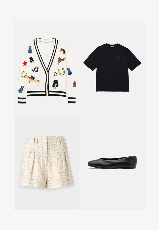 Fehér kardigán fekete szegéllyel, színes hímzett lókiállításokkal, díjakkal és alakokkal. A dizájn tartalmaz csizmákat, csillagokat és patkákat.; Fekete, rövid ujjú pamut póló, körkivágással és apró logóval a bal mellen. Simaság és laza fazon jellemzi.; Iro XAGA - Rövidnadrágok - ecru/silver; Paul Smith TOPANGA - Balerina cipők - black
