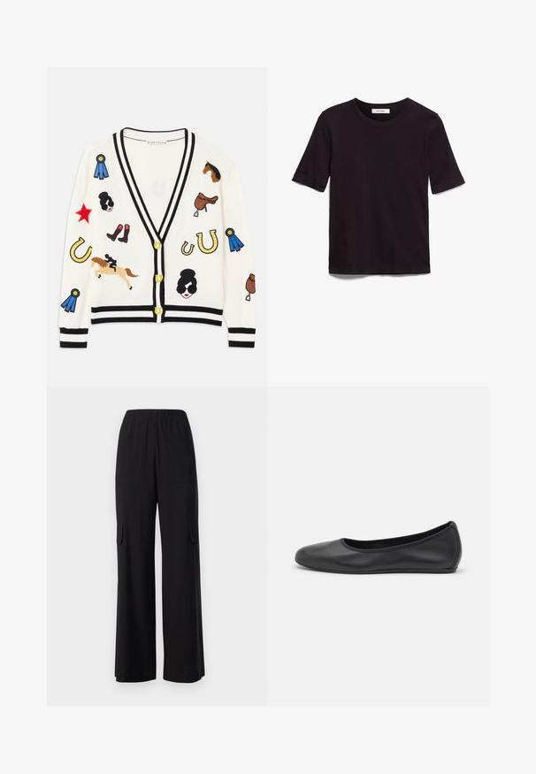 Weißer Cardigan mit schwarzem Besatz, der bunte bestickte Motive von Pferden, Auszeichnungen und Figuren zeigt. Das Design umfasst Stiefel, Sterne und Hufeisen.; Schwarzes T-Shirt mit kurzen Ärmeln aus weicher Baumwolle, mit rundem Halsausschnitt und glatter, gleichmäßiger Textur in einem schlichten Design.; Schwarze, weit geschnittene Hosen aus leichtem Material, mit elastischem Bund, zwei Vordertaschen und zwei seitlichen Cargo-Taschen.; Schwarze Leder-Ballettschuhe mit abgerundeter Spitze, glatter Textur, minimalen Nähdetails und einem flexiblen Sohlen-Design.