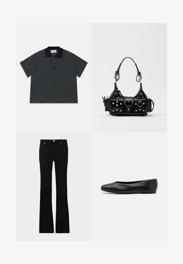 Witte cardigan met zwarte rand, voorzien van kleurrijke geborduurde ontwerpen van paarden, prijzen en figuren. Het ontwerp bevat laarzen, sterren en hoefijzers.; Zwarte polo met korte mouwen, voorzien van dunne witte horizontale strepen en drie knopen aan de voorkant, met een zwarte kraag en een stoffen label aan de binnenkant van de hals.; Zwarte flared jeans van denim, met twee voorzakken, een knoopsluiting en een gladde textuur. Kenmerkende stiksels zichtbaar bij de naden.; Paul Smith TOPANGA - Ballerina's - black; Zwarte lederen handtas met een gebogen ontwerp, voorzien van zilveren studs, een gesp en twee zijvakken. Verstelbare schouderband voor verschillende draagmogelijkheden.