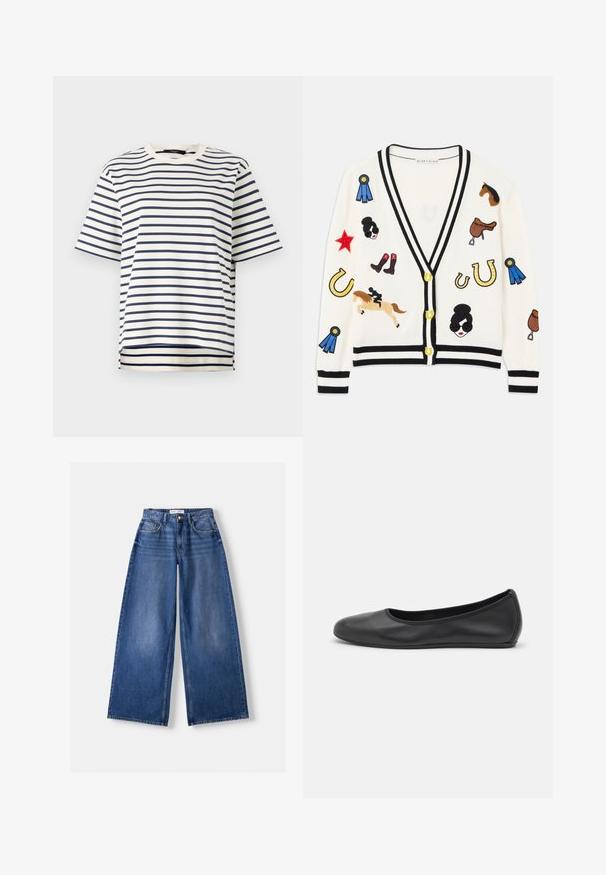 White cardigan with black trim, featuring colorful embroidered designs of horses, awards, and figures. Design includes boots, stars, and horseshoes.; Striped t-shirt featuring navy blue horizontal stripes on a cream background, short sleeves, and a rounded neckline with a straight hem.; Bershka WIDE-LEG - Wide Leg - dark blue; Black leather ballet flat with a rounded toe, smooth texture, minimal stitching detail, and a flexible sole design.