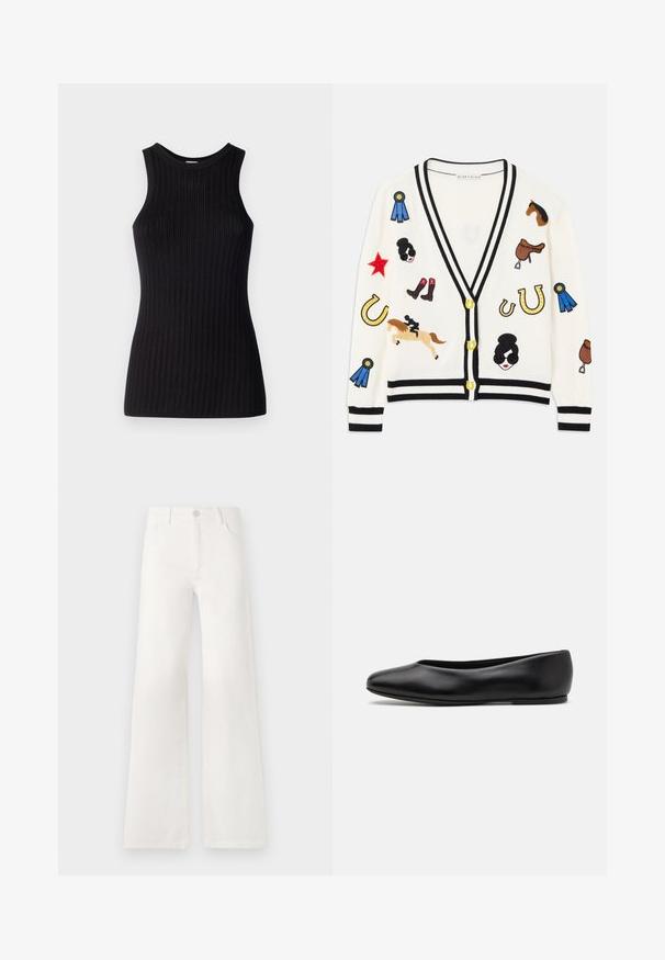 White cardigan with black trim, featuring colorful embroidered designs of horses, awards, and figures. Design includes boots, stars, and horseshoes.; Black sleeveless top with ribbed texture, round neckline, fitted shape, and a smooth finish. Lightweight knit fabric.; White, high-waisted wide-leg jeans made of denim. Features a button closure, two front pockets, and side seams with stitching details.; Paul Smith TOPANGA - Ballet pumps - black