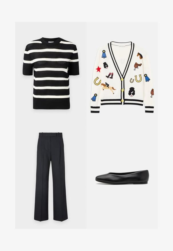 Bílý cardigan s černým lemem, s barevnými vyšitými vzory koní, cen a postav. Design obsahuje boty, hvězdy a podkovy.; Černobílé pruhované krátkosrsté pletené tričko s kulatým výstřihem, které má texturovaný vzor a přímý lem.; Tmavě modré kalhoty s pruhy, vysokým pasem, širokým nohavicemi a bez viditelného kování nebo ozdob. Hladká textura a přesně padnoucí střih.; Paul Smith TOPANGA - Klasické baleríny - black
