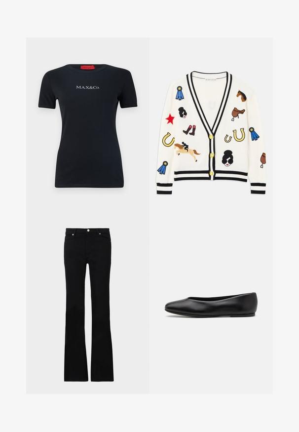 White cardigan with black trim, featuring colorful embroidered designs of horses, awards, and figures. Design includes boots, stars, and horseshoes.; Black short-sleeve t-shirt made of cotton featuring a round neckline and the logo "MAX&Co." in white. Smooth texture, slim fit design.; Black flared jeans made of denim, featuring two front pockets, a button closure, and a smooth texture. Signature stitching visible at seams.; Paul Smith TOPANGA - Ballet pumps - black
