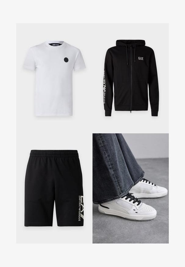 Juodas zip'o sudėjimo džemperis, pagamintas iš medvilnės mišinio, turi reguliuojamą kapšelį, kengūros kišenę ir baltą EA7 logotipą ant krūtinės ir rankovės. Sklandus paviršius.; Balta medvilninė marškinėliai su apvaliu juodu logotipu ant kairiojo krūtinės kampo, klasikinis apvalus iškirpimas ir trumpomis rankovėmis. Lygus paviršius.; EA7 Emporio Armani TRAIN VISIBILITY - Šortai - black/cream; Balsuoti baltieji sportbačiai su juodomis raištelėmis ir tinklo detalėmis. Turintys lygią odinę viršutinę dalį ir tekstūruotą gumos padą. Su plačiais pilkais džinsais.