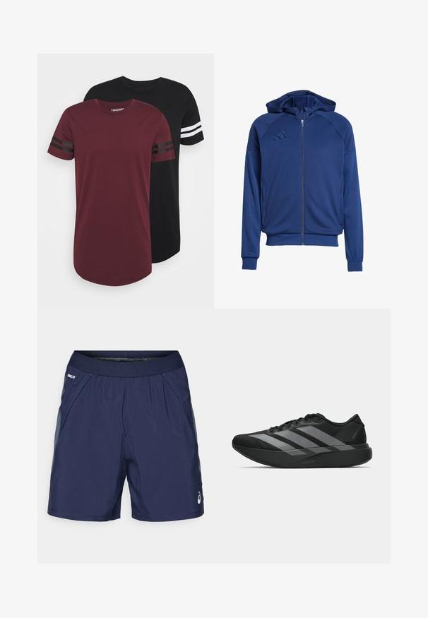 Marineblauer Reißverschluss-Hoodie mit glatter Textur, Kängurutaschen, gerippten Bündchen und gefütterter Kapuze. Mit drei weißen Streifen-Logo auf der Brust.; Zwei Rundhalsausschnitt-T-Shirts; eines in Bordeaux mit schwarzen Streifen an den Ärmeln, das andere schwarz mit weißen Streifen. Weicher Stoff, lockere Passform, abgerundeter Saum.; Marineblaue Sportshorts mit elastischem Bund, seitlichen Taschen und hellgrauen Akzenten. Aus leichtem, glattem Stoff für hohen Tragekomfort.; Schwarze Sportschuhe mit einem leichten Design, ausgestattet mit drei auffälligen grauen Streifen, einer glatten Textur und einer konturierten Sohle.