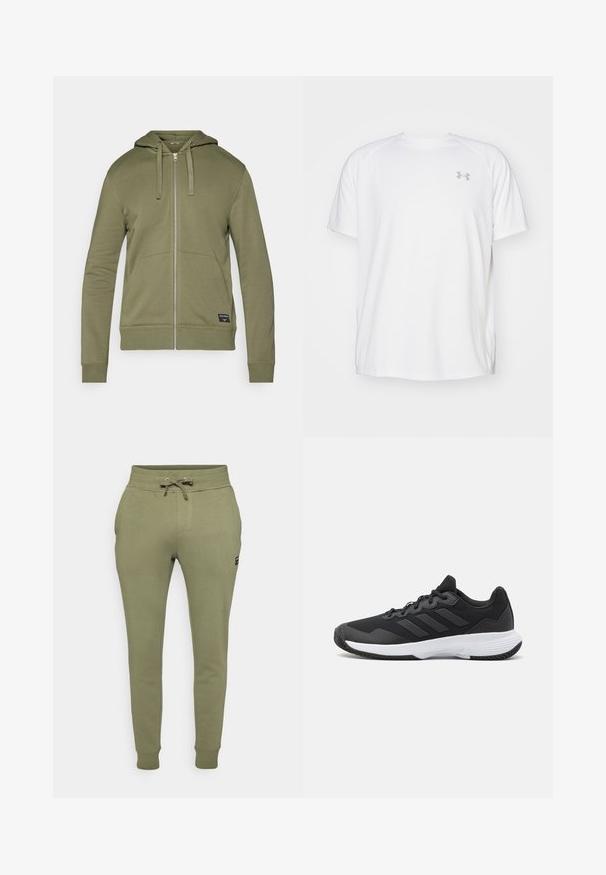 Olivgrön zip-up huvtröja med huva, två framlommor, ribbade muddar och en etikett i nedre högra hörnet. Mjuk bomullsblandning.; Vit kortärmad träningsskjorta tillverkad av mjukt tyg. Har rund halsringning och en grå logo på vänster bröst, med sidoflikar vid fållen.; Gröna joggers i bomullsblandning med elastisk midja och dragsko, sidofickor och ribbade ärmslut. Litet logopatch på sidan.; Svart idrottssko med en texturerad ovandel, tre horisontella ränder och en vit sula med ett mönstrat grepp. Lätt och strömlinjeformad design.