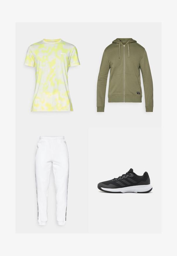 Olive green zip-up hoodie with a hood, two front pockets, ribbed cuffs, and a label on the bottom right. Soft cotton blend fabric.; Short-sleeve, fitted t-shirt in lightweight fabric featuring a white base with yellow abstract patterns and a small "BORG" logo on the chest.; White sweatpants with elastic waistband, featuring black side stripes and cuffs. Made from soft fabric with a smooth texture.; Black athletic shoe featuring a textured upper, three horizontal stripes, and a white sole with a patterned tread. Lightweight and streamlined design.