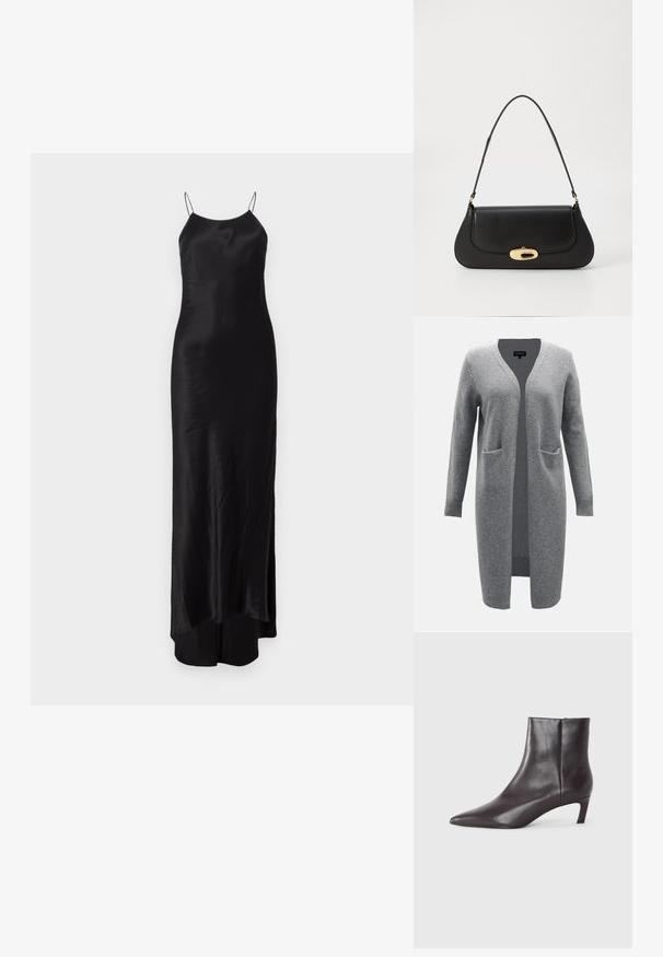 Gray long cardigan made of soft material, featuring a v-neck, long sleeves, open front, and two front pockets. Textured knit cuffs and hem.; Black satin maxi dress with thin spaghetti straps, a fitted silhouette, and a side slit. Smooth texture with a subtle sheen.; Black leather ankle boot with pointed toe and low kitten heel, smooth finish, side zipper, shown on a neutral background.; Black leather handbag with a curved design, gold-tone hardware, and a top handle. Features a sleek closure and smooth texture.
