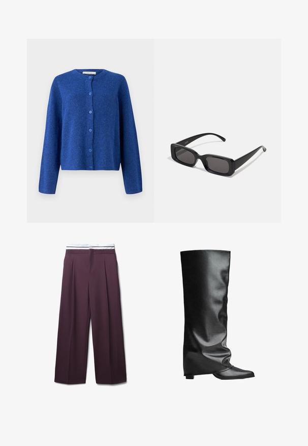 Selected Femme SLFLULU NEW NOOS - Strickjacke - dazzling blue; Schwarzes Baumwoll-Top ohne Ärmel mit einem runden Halsausschnitt, breiten Schulterträgern und einem kleinen weißen Logo-Tag in der Nähe des Saums. Klassische Passform, minimalistisches Design.; Weite, dunkelpurpurfarbene Hosen mit vorderen Falten und einem weißen Bund mit dünnen horizontalen Streifen.; Schwarze lederne kniehohe Stiefel mit glatter Textur, lockerer Passform, spitz zulaufender Zehenpartie und niedrigem, quadratischem Absatz. Minimalistischer Stil ohne sichtbare Beschläge.; Schwarze rechteckige Sonnenbrille mit dunklen Gläsern, glänzender Oberfläche, breiten Bügeln und einem klobigen Rahmen-Design. Gravierter Markenname auf einem Bügel.; Große schwarze Leder-Hobo-Tasche mit glatter Textur, breitem Schultergurt und gerafftem Design an der Basis, ideal für den täglichen Gebrauch.