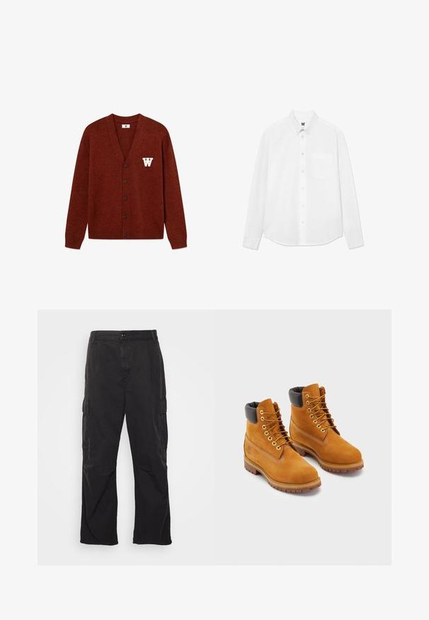 DOUBLE A BY W.W. WWTAY CARDIGAN 25081 - Neuletakki - decadent chocolate melange; Valkoinen pitkähihaisen napitetun paidan, jossa on kaulus, etutasku ja hienovarainen kangas. Edessä on nappilista ja pieni logoyksityiskohta.; Mustat cargo-housut suoralinjaisella muotoilulla, joissa on kaksi sivutaskua, nappikiinnitys ja teksturoitu kangas.; Nahka työkengät vaaleanruskeat, joissa on musta pehmustettu kaulus, kultaiset silmukat ja ruskeat kumipohjat. Ominaisuuksiin kuuluvat kontrastivärinen ompelu ja logo sivussa.