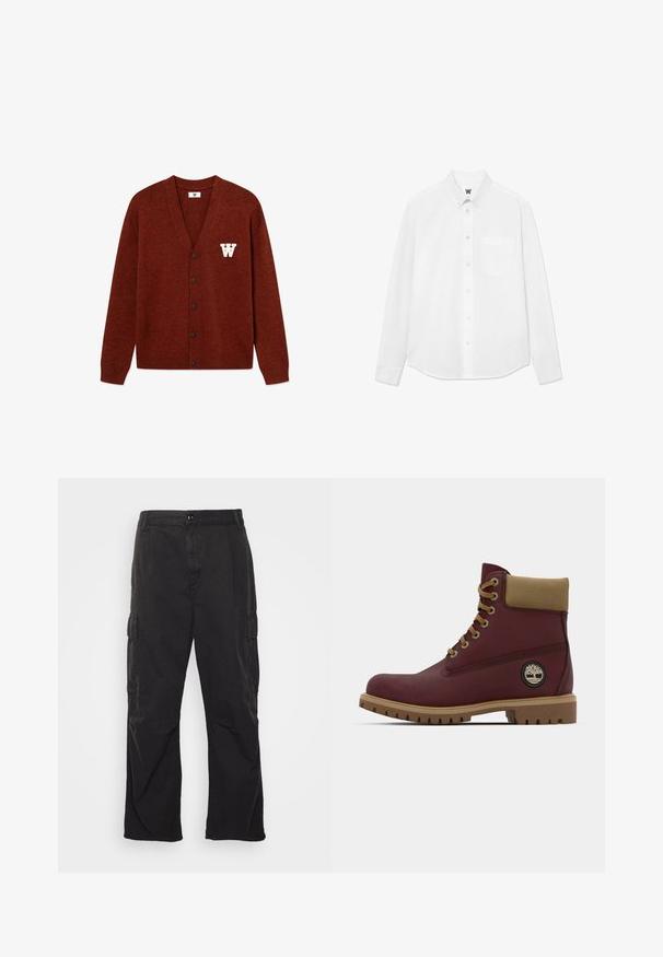 DOUBLE A BY W.W. WWTAY CARDIGAN 25081 - Cardigan - decadent chocolate melange; White long-sleeve button-up shirt with a collar, front pocket, and subtle texture. Front placket features buttons and a small logo detail.; Black cargo pants with a straight-leg design, featuring two side pockets, a button closure, and a textured fabric.; Burgundy ankle boots with brown accents, a padded collar, and a rubber sole featuring a textured pattern. Logo patch on the side.