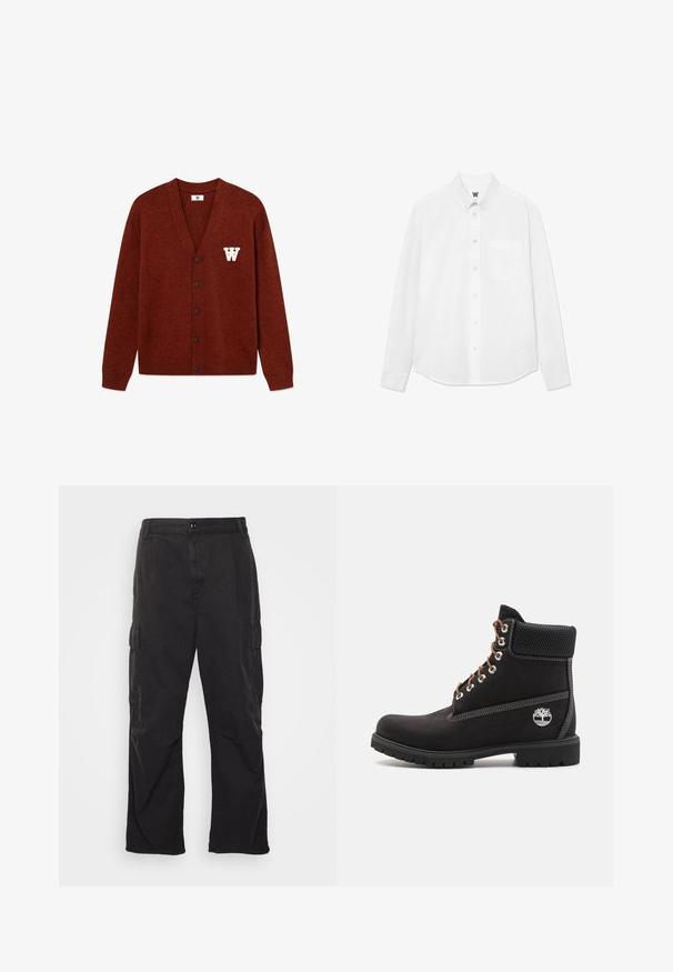 DOUBLE A BY W.W. WWTAY CARDIGAN 25081 - Neuletakki - decadent chocolate melange; Valkoinen pitkähihaisen napitetun paidan, jossa on kaulus, etutasku ja hienovarainen kangas. Edessä on nappilista ja pieni logoyksityiskohta.; Mustat cargo-housut suoralinjaisella muotoilulla, joissa on kaksi sivutaskua, nappikiinnitys ja teksturoitu kangas.; Timberland Nauhalliset nilkkurit - black