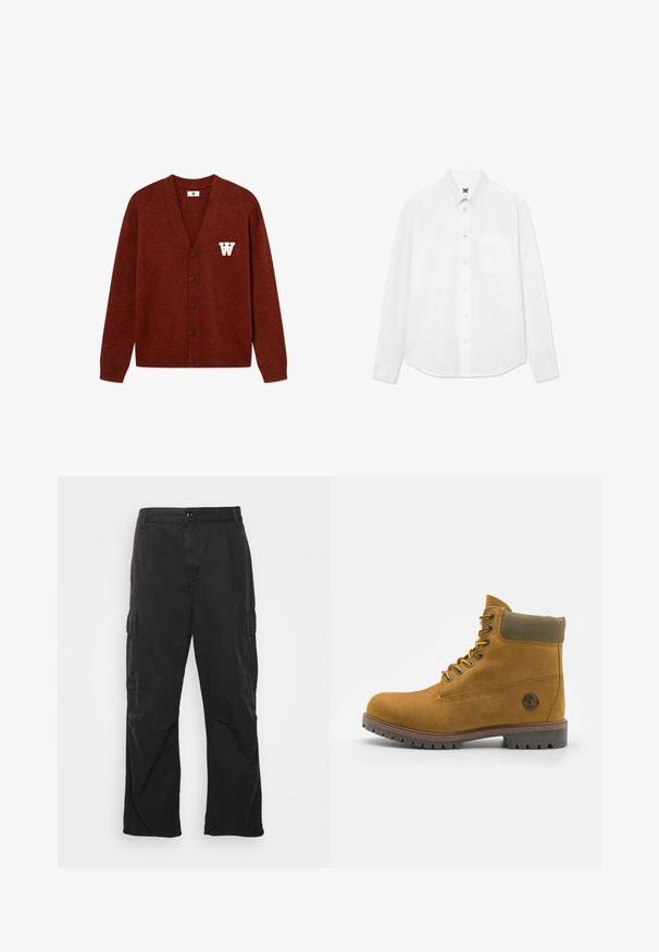 DOUBLE A BY W.W. WWTAY CARDIGAN 25081 - Cardigan - decadent chocolate melange; Cămașă albă cu mânecă lungă, cu guler, buzunar frontal și textură subtilă. Placa frontală are nasturi și un detaliu mic cu logo.; Pantaloni cargo negri, cu un design drept, având două buzunare laterale, închidere cu buton și un material texturat.; Cizma de gleznă din piele maro, cu un superior bej, accente verzi, talpă din cauciuc negru și gauri metalice pentru șireturi, având un logo pe lateral.