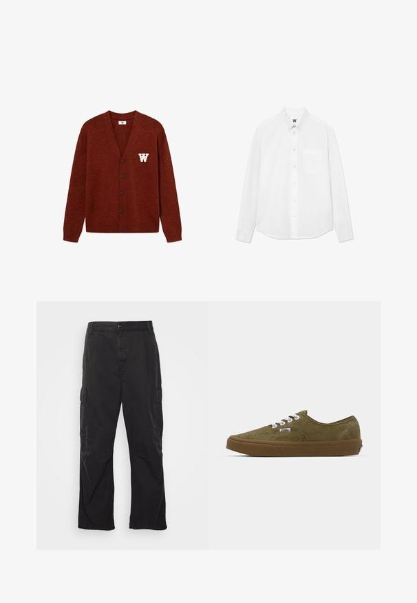 DOUBLE A BY W.W. WWTAY CARDIGAN 25081 - Cardigan - decadent chocolate melange; Hvid langærmet skjorte med knapper, krave, forlommer og subtil tekstur. Frontlukning har knapper og et lille logo-detalje.; Sorte cargo bukser med lige ben, der har to sidelommer, knaplukning og en struktureret stof.; Olivengrøn ruskinds sneakers med hvide snører, gummibrun sål, lavt design og stikninger langs kanterne.
