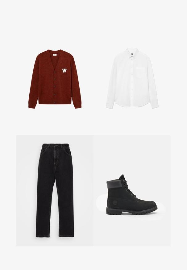 DOUBLE A BY W.W. WWTAY CARDIGAN 25081 - Gilet - decadent chocolate melange; Chemise blanche à manches longues avec un col, poches avant et texture subtile. Le boutonnage sur le devant comporte des boutons et un petit détail de logo.; Jean en denim noir avec une coupe droite, comportant cinq poches, une fermeture à bouton et à zip, et des coutures jaunes contrastantes.; Bottine en cuir noir avec un embout arrondi, design à lacets à six œillets, col rembourré, semelle texturée et logo Timberland sur le côté.